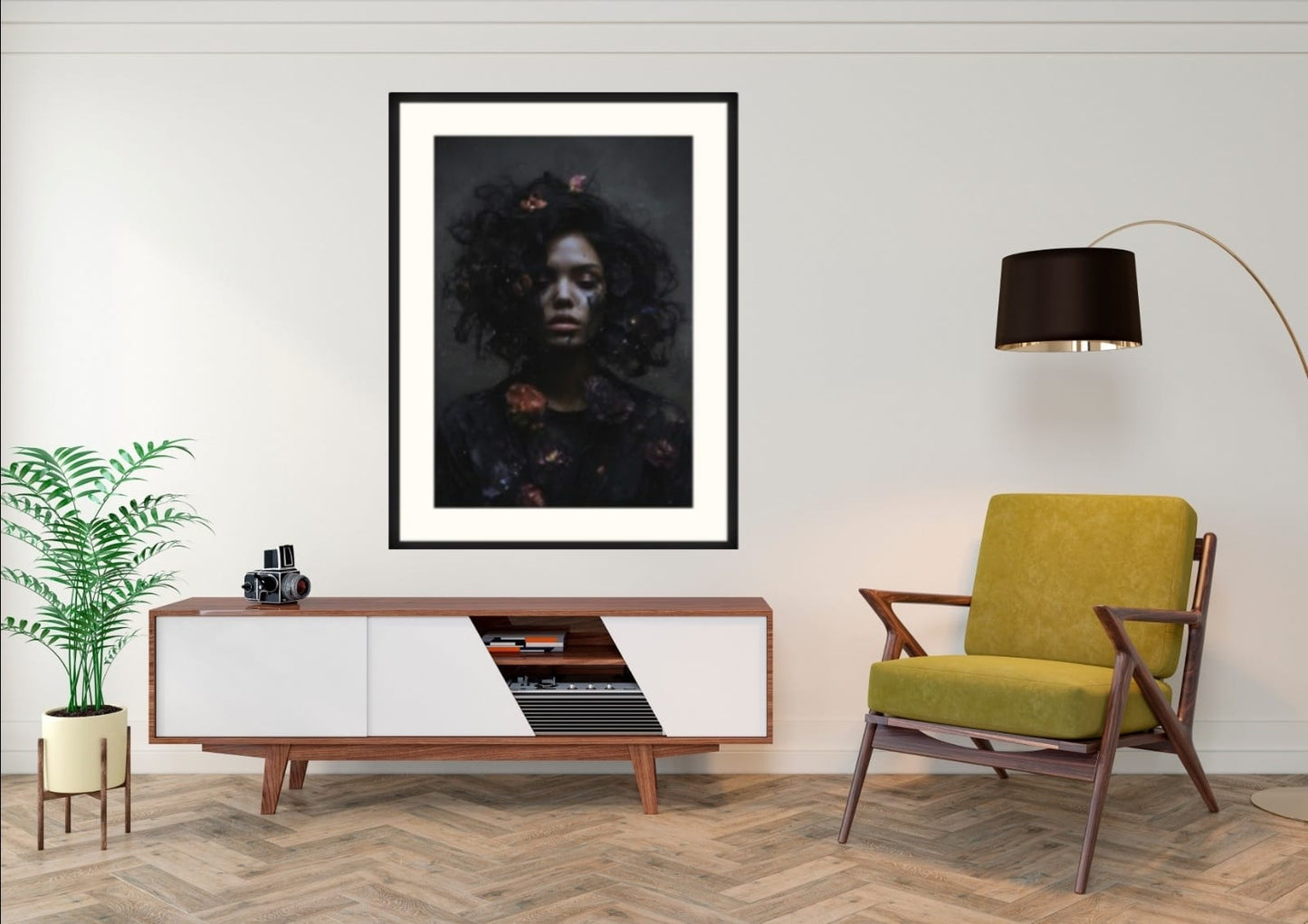 Ingelijst Digital Artwork (AI) Flowerbomb.1 (80 x 60 cm)